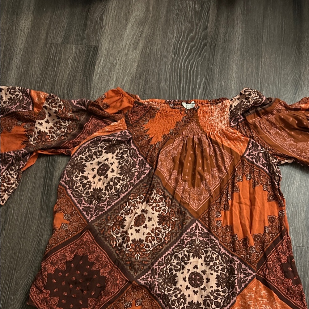 Elegant Patchwork Blouse in Rich Orange and Brown